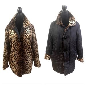 Vtg Haband Reversible Leopard Print Black Silk Blend Coat Size M Y2K 90s